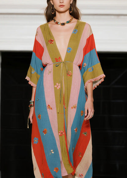 French Colorblock V Neck Patchwork Cotton Dress Summer