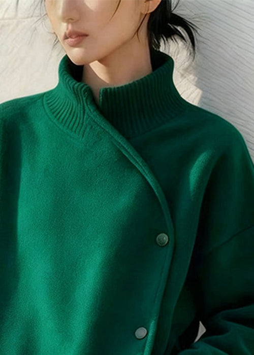 Green Stand Collar Button Pockets Cotton Sweatshirt Winter
