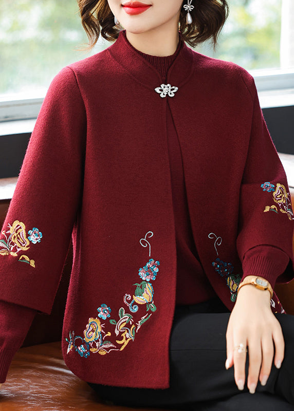 Red Stand Collar Cotton Knit Cardigans and Sweater Two Piece Set Fall