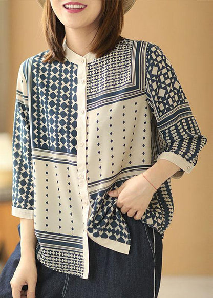 Apricot O-neck Print Button Fall Blouses Three Quarter Sleeve
