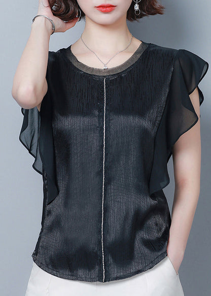 French Black O-neck Patchwork Ruffles Silk Blouse Top Summer