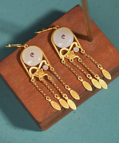White Tassel Silver Gold Plated Jade Drop Earrings