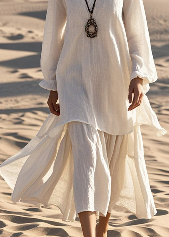 White Oversized Cotton Fake Two Piece Dresses Fall