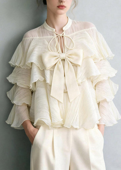 White Tie Lace Bow Ruffled Patchwork Top Spring