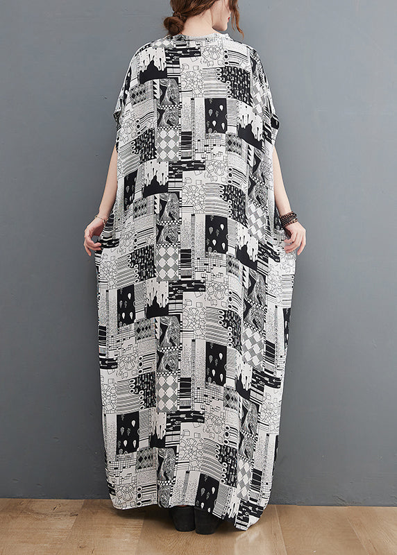 Black White Print V Neck Beach Long Dress Short Sleeve