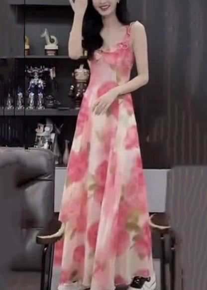 Pink Ruffled Print Chiffon Spaghetti Strap Dress Sleeveless