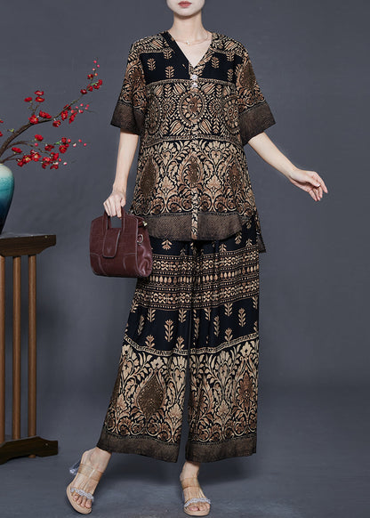 Stylish Brown V Neck Print Silk Two Piece Set Clothing Summer