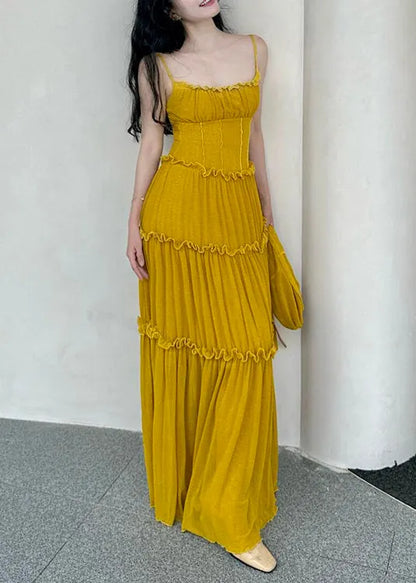 New Yellow Ruffled Cotton Spaghetti Strap Dress Sleeveless