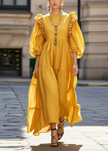 French Yellow Ruffled Cotton Vacation Dresses Bracelet Sleeve