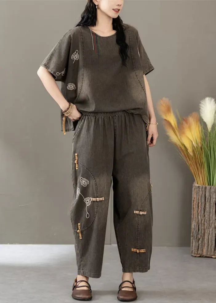 Black Embroidered Elastic Waist Denim Two Pieces Set Summer