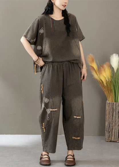 Black Embroidered Elastic Waist Denim Two Pieces Set Summer