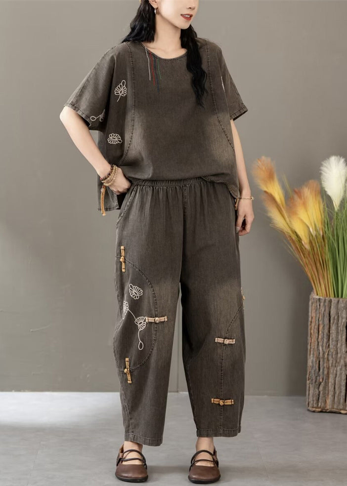 Black Embroidered Elastic Waist Denim Two Pieces Set Summer