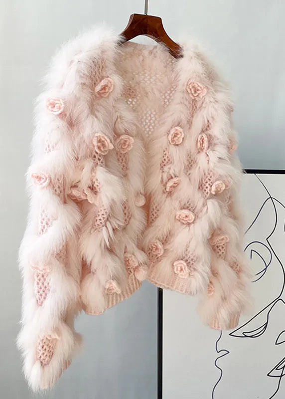 Pink Mink Hair Knitted Coats V Neck Winter