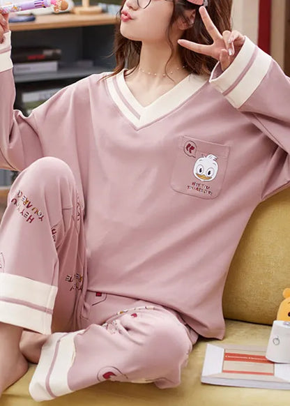 Pink Print Pockets Patchwork Cotton Pajamas Two-piece Set V Neck Fall