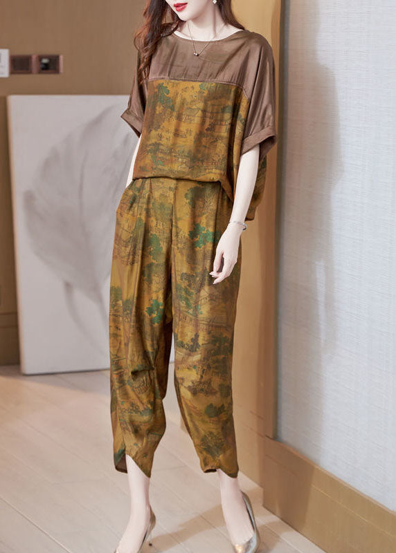 Boutique Khaki O-neck Oversized Patchwork Silk Sets 2 Pieces Summer