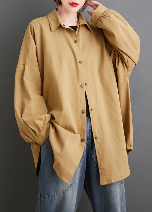 Khaki Peter Pan Collar Wrinkled Patchwork Cotton Blouses Fall