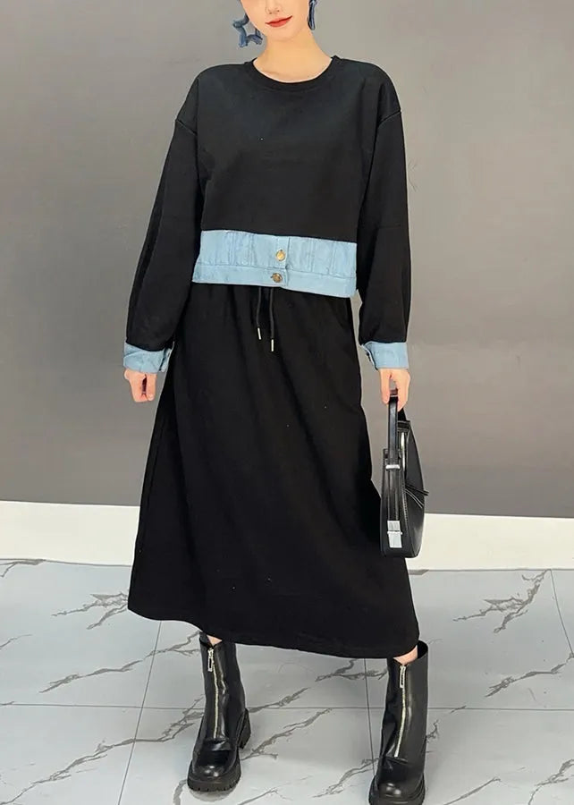 Black O-neck Denim Patchwork Pockets Maxi Dresses Spring