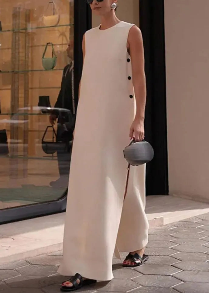 Loose White Side Open Cotton Long Dresses Sleeveless