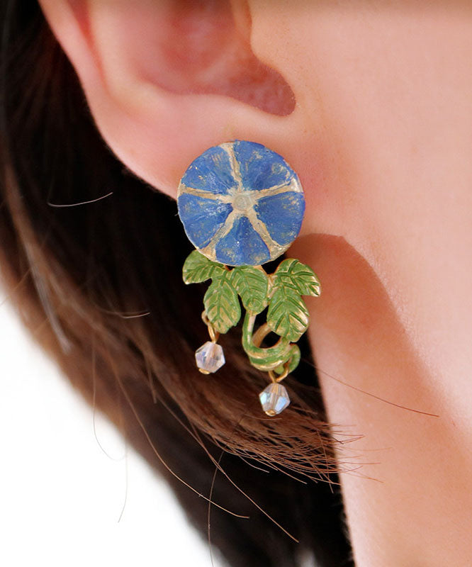 Gold Morning Glory Handmade Painting Copper Stud Earrings