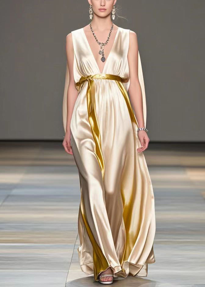 French Champagne Cinched Side Open Silk Party Dress Sleeveless