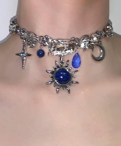 Blue Sun Zircon Moon Alloy Pendant Choker