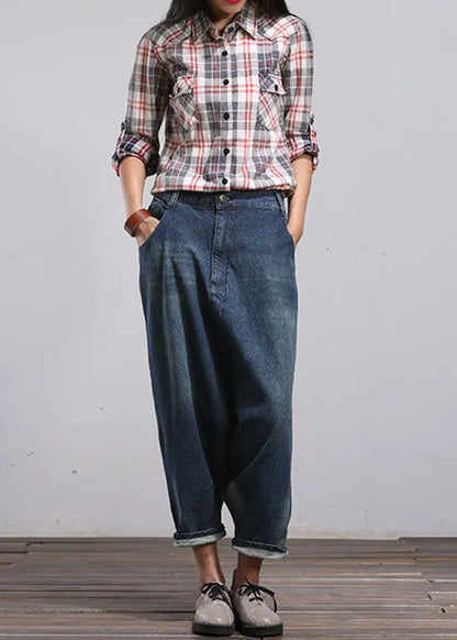 Blue Pockets Patchwork Denim Harem Pants Spring