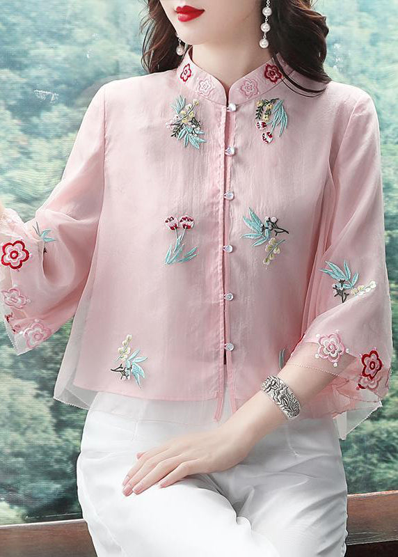 Chinese Style Light Green Stand Collar Embroideried Chiffon Shirts Bracelet Sleeve