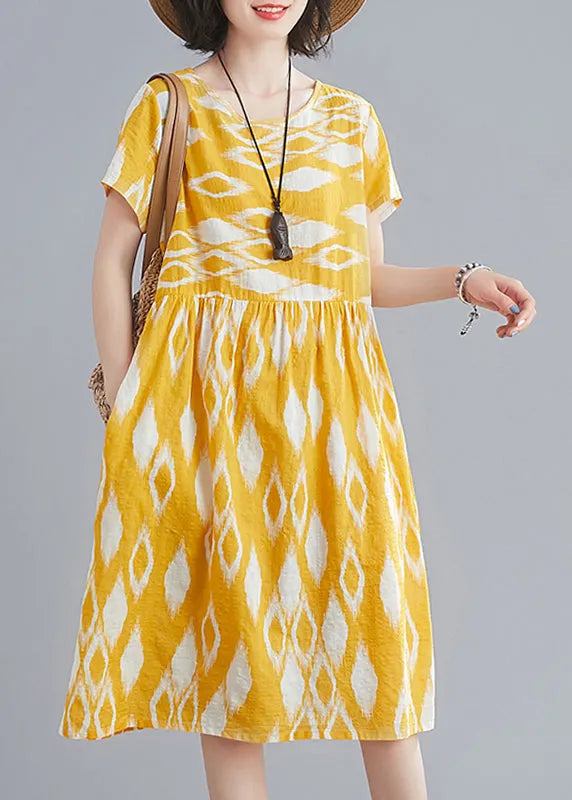 Yellow O-neck Wrinkled Print Cotton Beach Dresses Short Sleeve