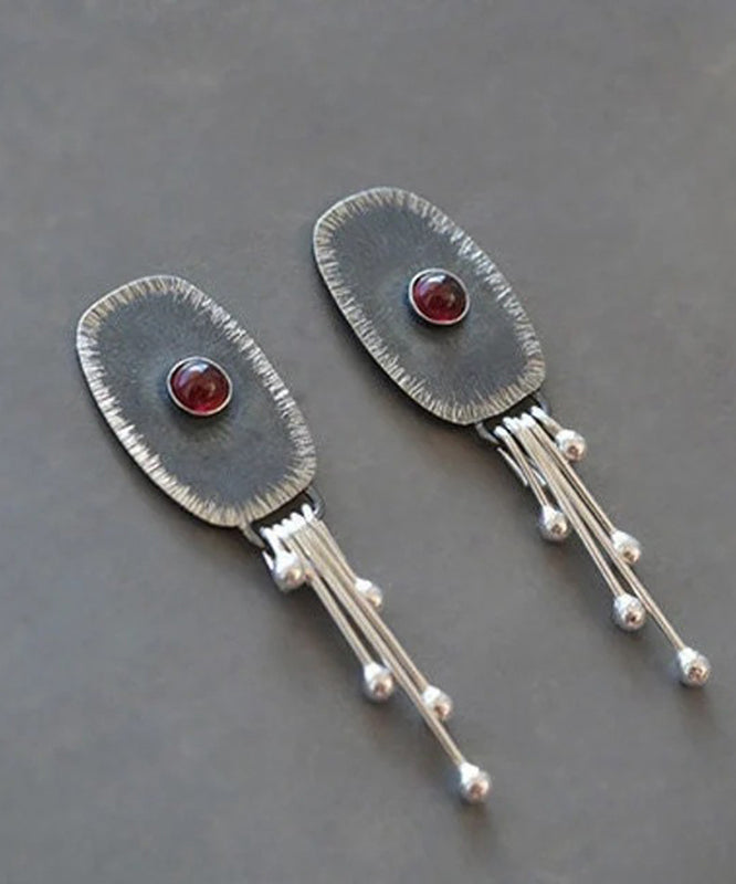 Dark Grey Alloy Oval Gem Stone Tassel Drop Earrings
