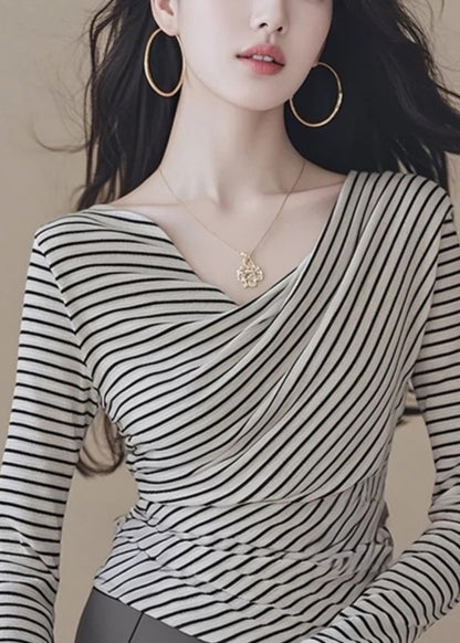 Black White Striped V Neck Tops Spring
