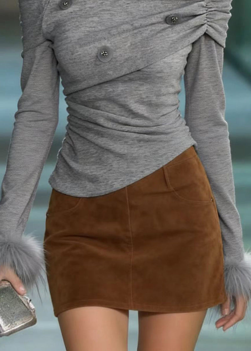 Grey Slash Neck Fur Patchwork Sequins Cotton T Shirts Spring