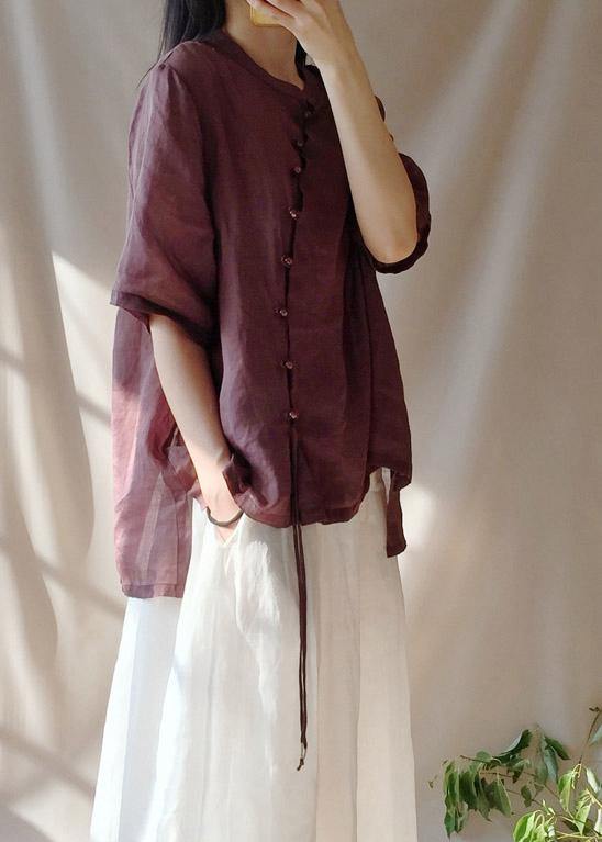 French Chocolate Shirts Stand Collar Asymmetric Baggy Blouse