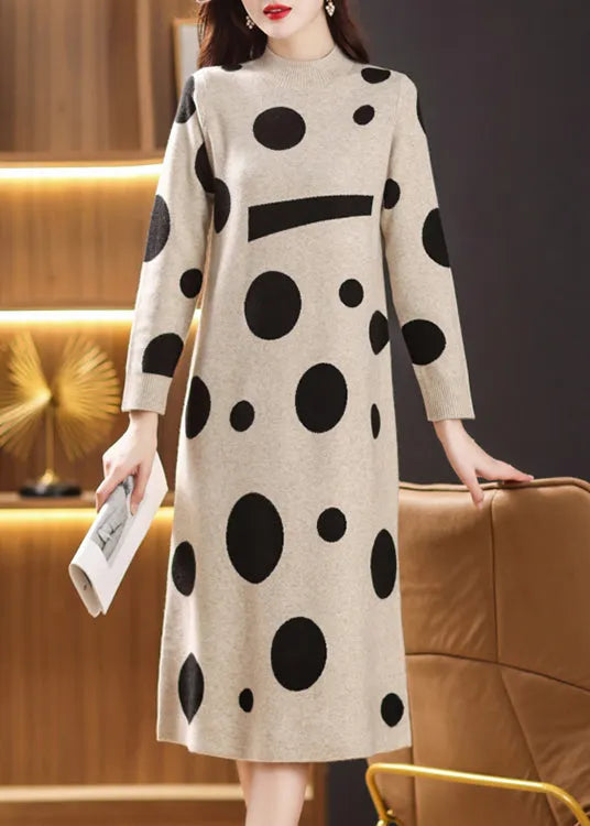Beige Print Patchwork Woolen Long Dresses Stand Collar Fall