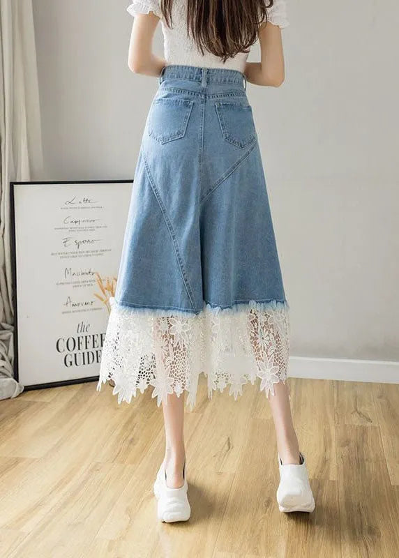 Light Blue Asymmetrical Design Lace Patchwork Denim Skirt Spring