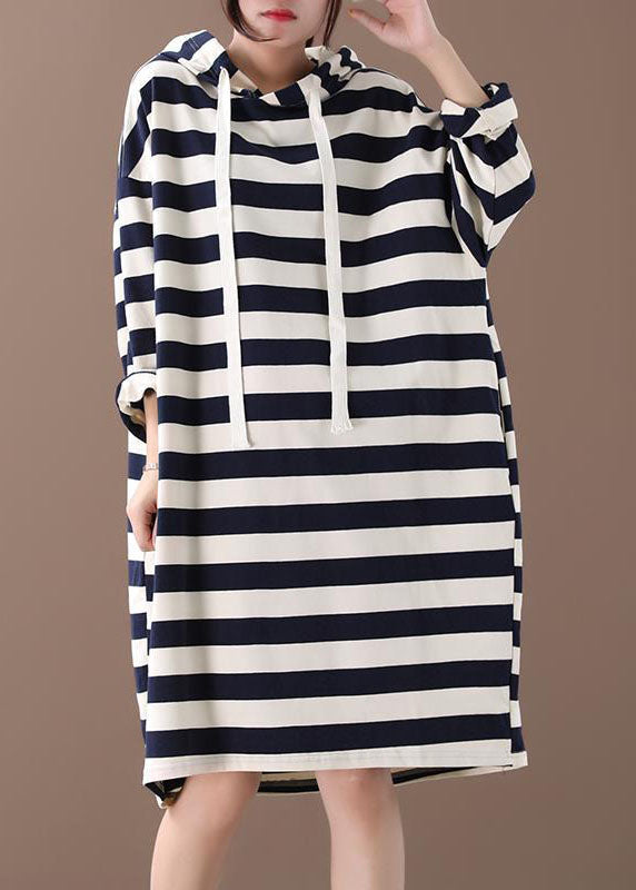Hooded Striped Cotton Sweatshirt Street Wear Dress Spring