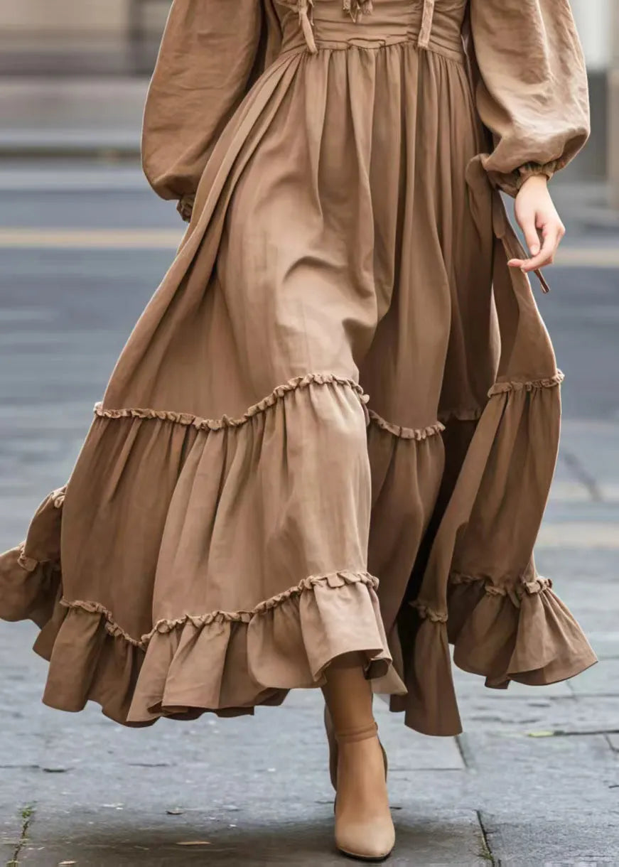 Coffee Cold Shoulder Exra Large Hem Maxi Dresses Spring