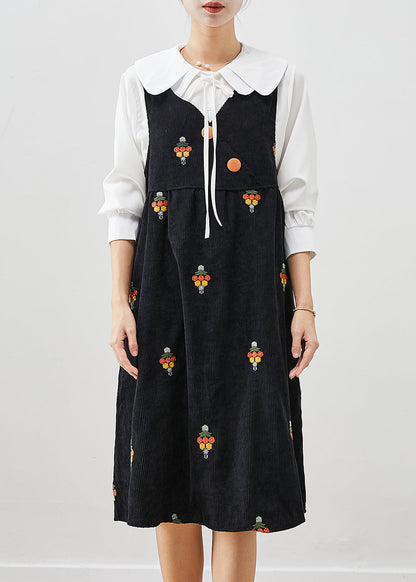 Black Embroideried Corduroy Two Pieces Set Fall