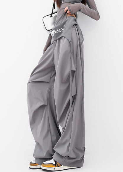 Grey Pockets Wrinkled Cotton Wide Leg Pants Fall