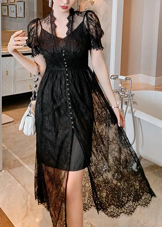 Fine Black Lace Vest and Maxi Dress Two Pieces Set Short Sleeve