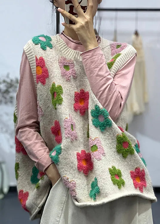 New Apricot O Neck Jacquard Cotton Knit Vest Sleeveless