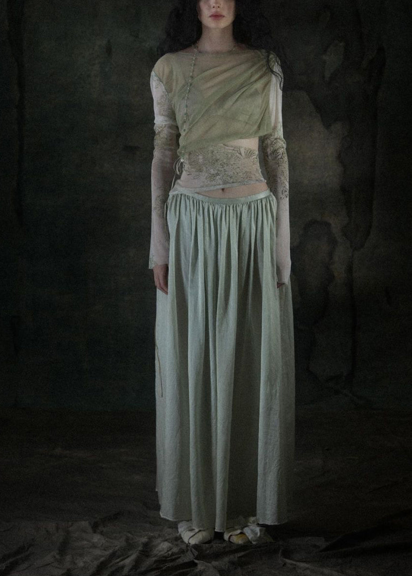 Slim Fit Cyan Tulle Embroidered Patchwork Tulle Top and Maxi Skirts Two Pieces Set Long Sleeve