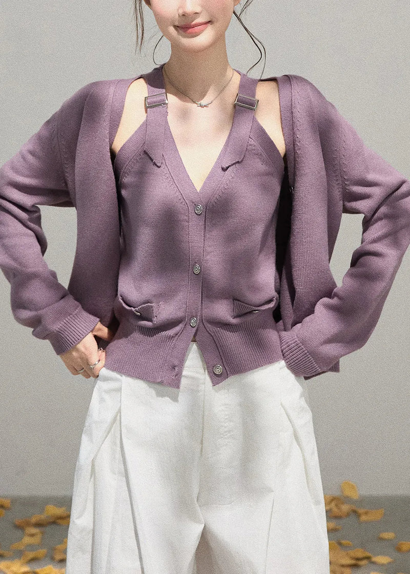 Simple Purple Knit Two Piece Set Clothing Fall