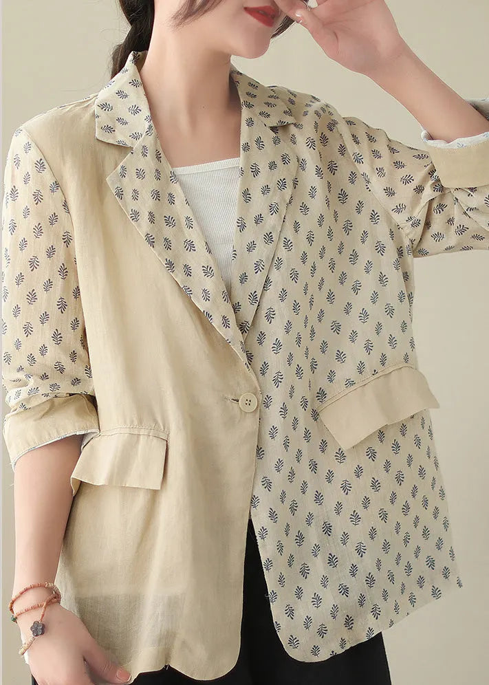 Beige Peter Pan Collar Print Ramie Coats Long Sleeve