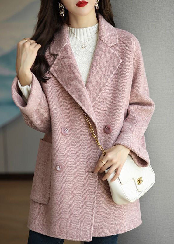 Pink Peter Pan Collar Double Breast Pockets Woolen Coat Winter