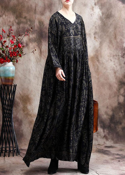 Luxy V Neck Black Print Silk Satin Dresses