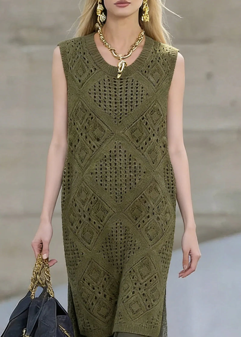 Art Blackish Green Hollow Out Knit Dress and Lace Skirts Two Pieces Set Summer