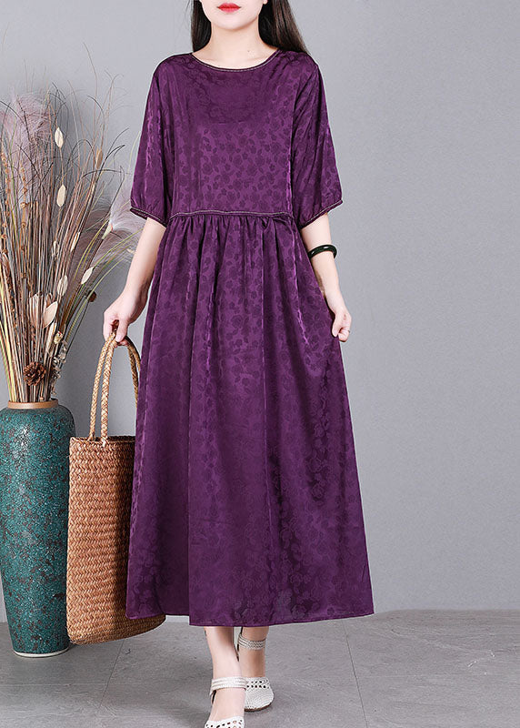 Simple Purple O-neck Patchwork Wrinkled Jacquard Silk Maxi Dress Short Sleeve