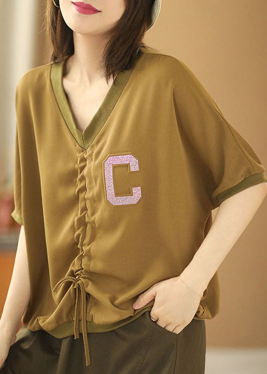 Khaki V Neck Drawstring Letter Blouse Tops Short Sleeve