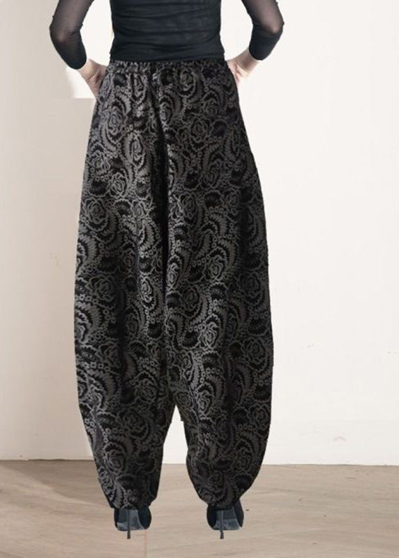 Black Print Elastic Waist Lantern Pants Spring
