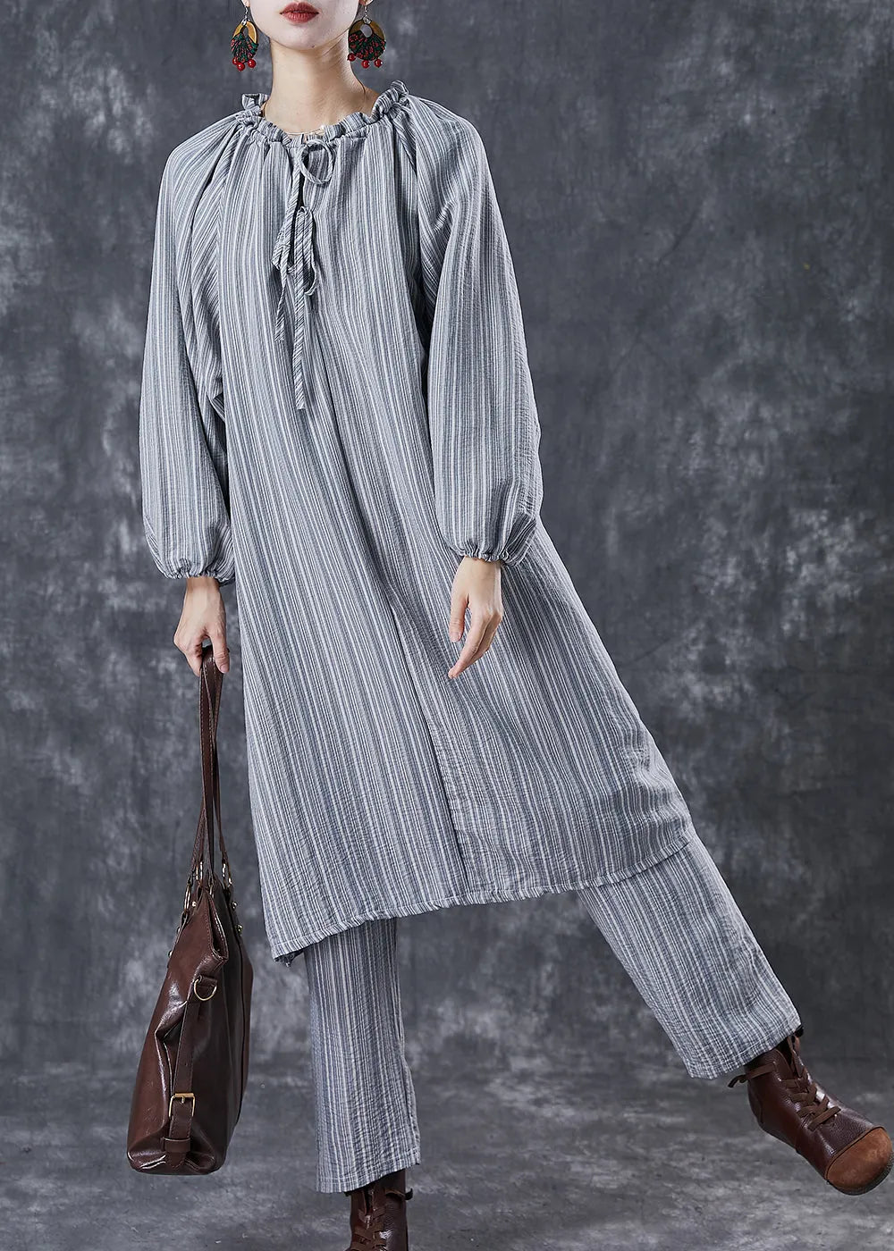 Organic Grey Ruffled Striped Cotton Dress Two Piece Suit Set Fall